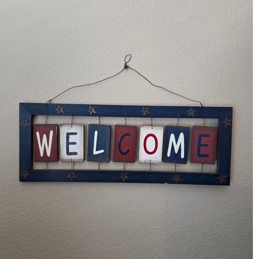 Rustic Americana Wood Welcome Sign Patriotic Red White Blue Star Wall Decor 20in